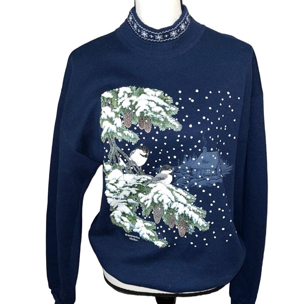 Vintage 90's Snowy Nature Bird Navy Double Collar Grandma Sweatshirt-M